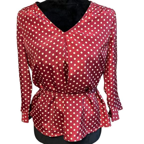 Skies Are Blue brick red and tan polka dot tie waist short length blouse size SP - Picture 1 of 14
